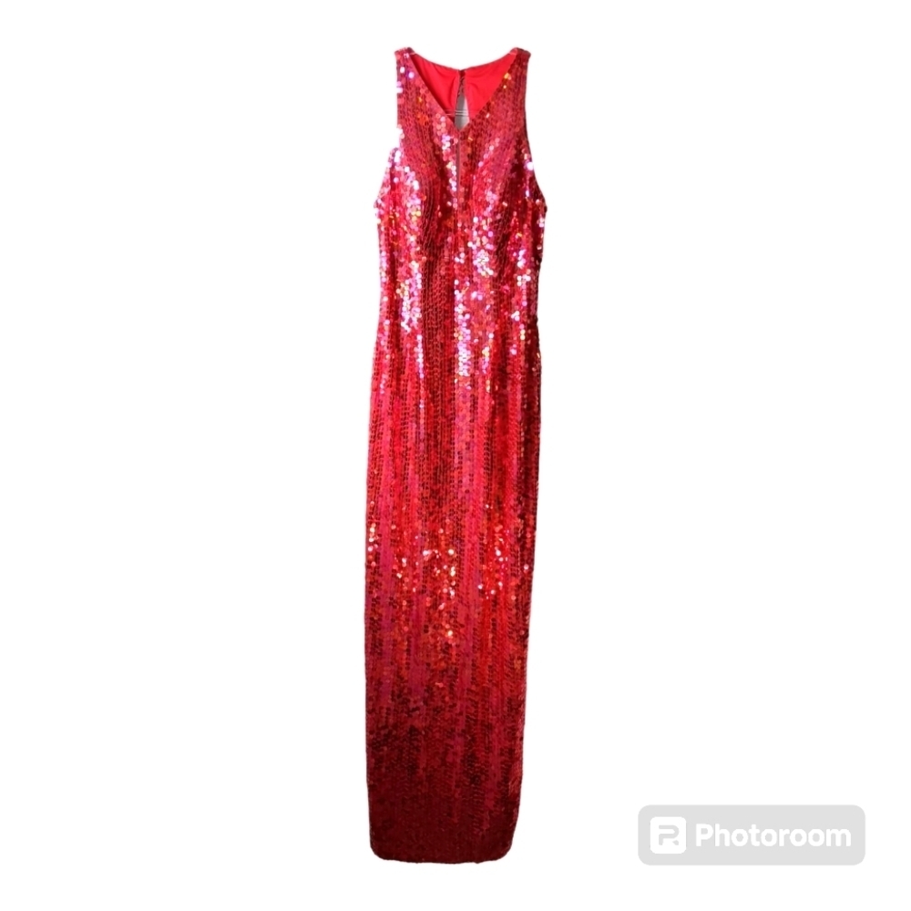 Adrianna Papell Evening Gown Women's 6 Red Sequined Shiny Long Maxi
